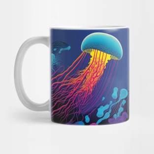 Blue, Pink and Yellow Jellyfish Swimming Underwater in the Ocean Mug